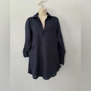 Forcynthia Beachwear XL Navy Linen Long Sleeve Button Up Shirt Tunic Cover Up